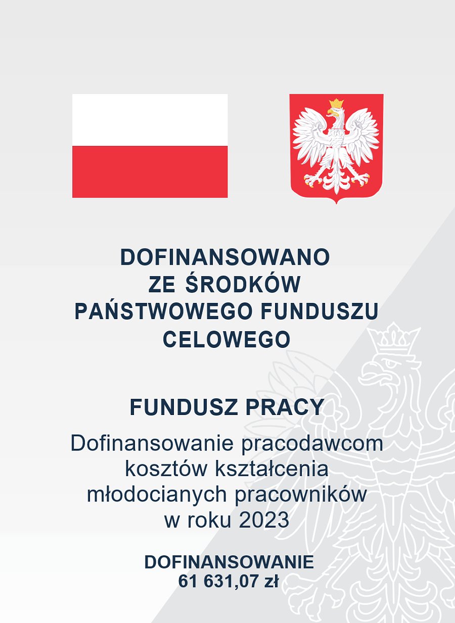 Flaga Polski oraz godło. Poniżej informacja o dofinansowaniu.